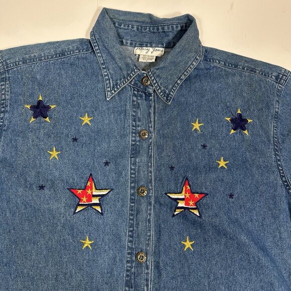 Vtg Mary Jane Denim Button Up Shirt Dark Wash Blue Embroidered Stars Flag Sz M - Picture 4 of 8